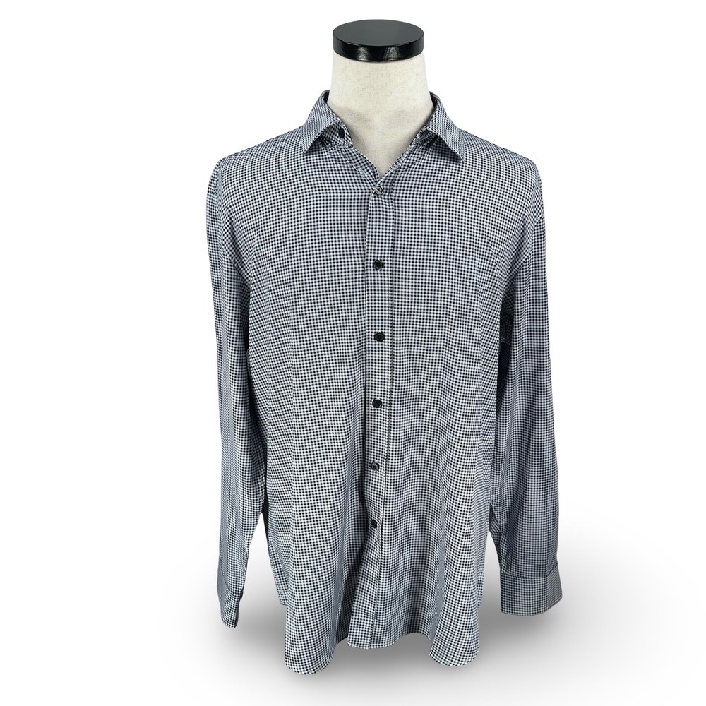 Jos A Bank Traveler Performance Gingham Shirt Black White Gray Mens Large‎ L